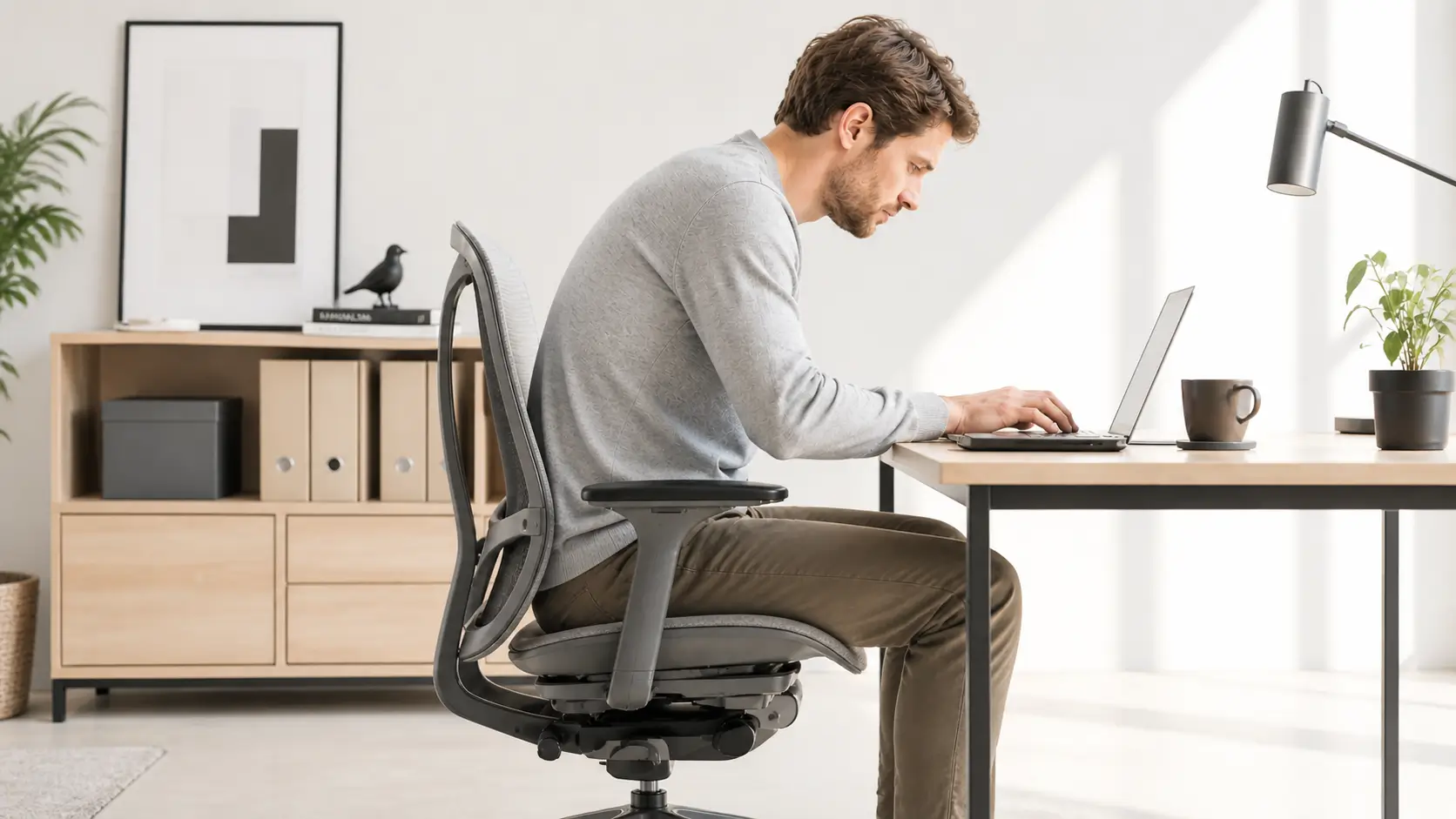 Desaturated professional with poor sitting posture