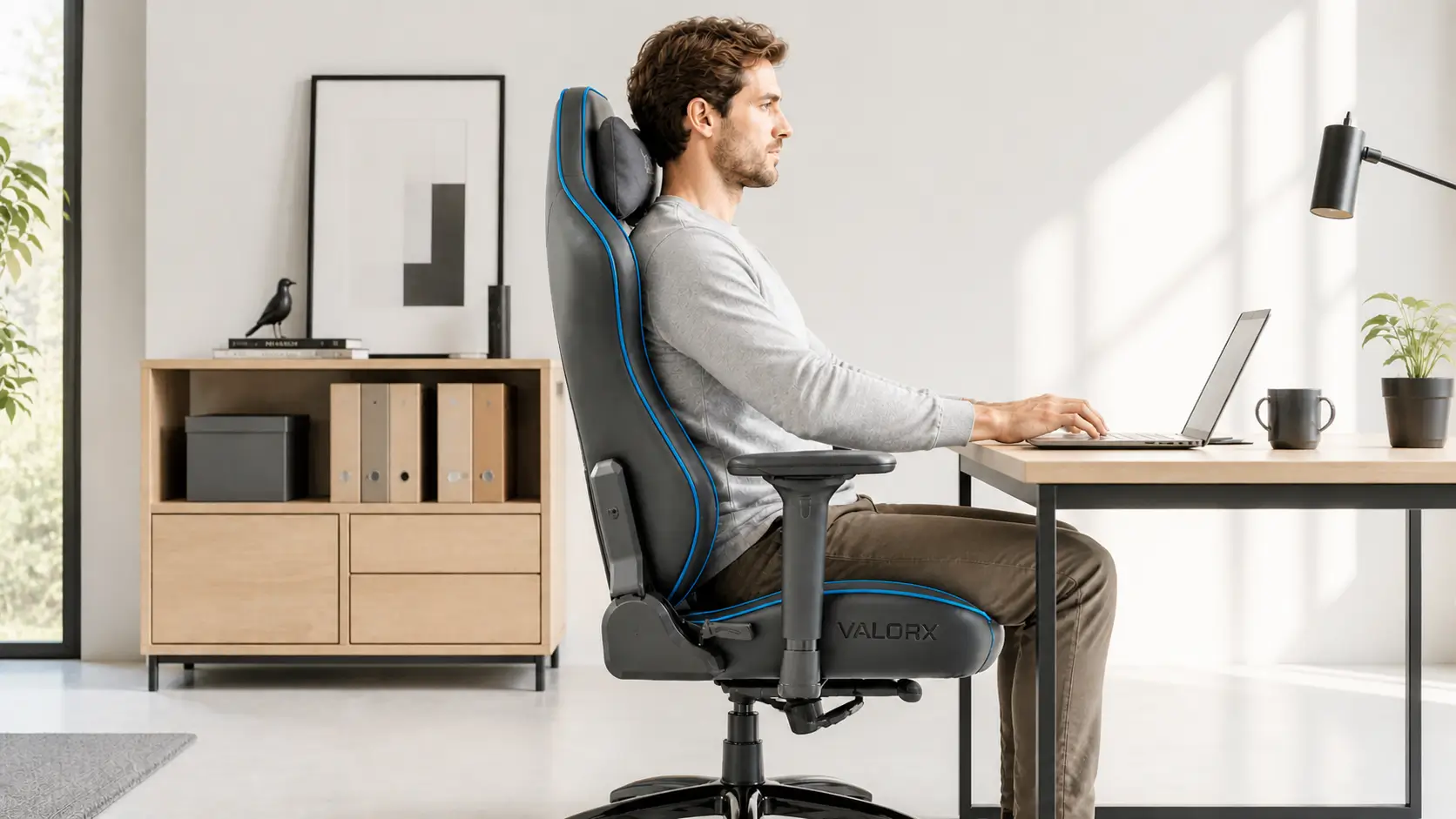 Professional sitting upright in a refined workspace